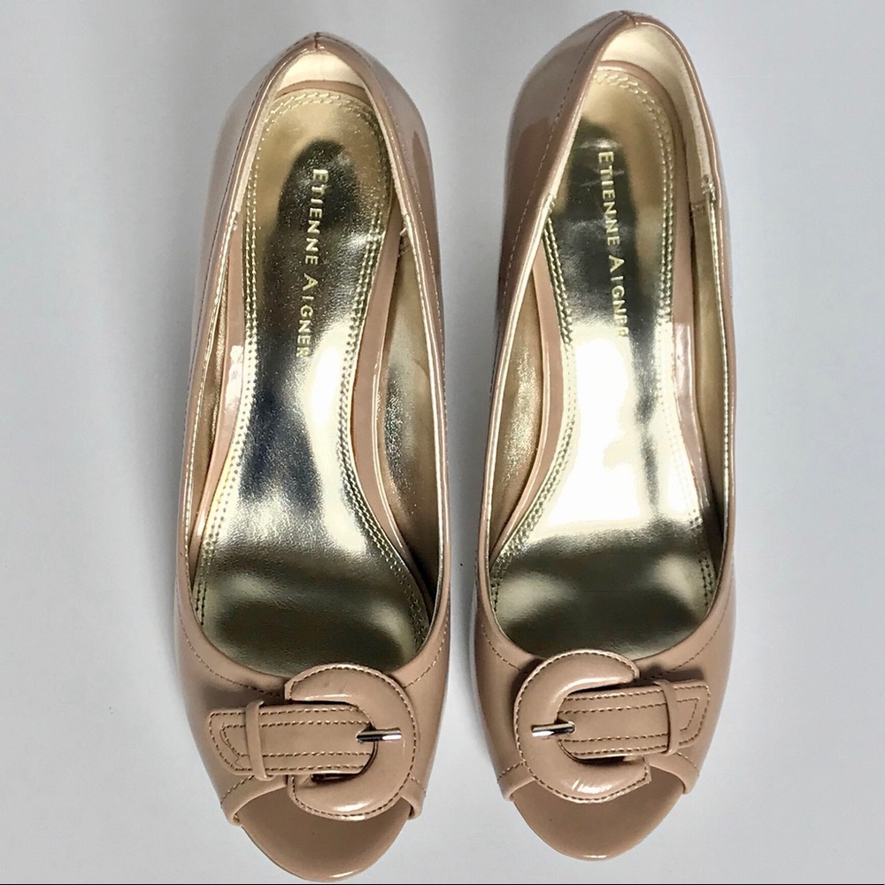 Etienne Aigner Buckle PeepToe Patent Leather Pumps